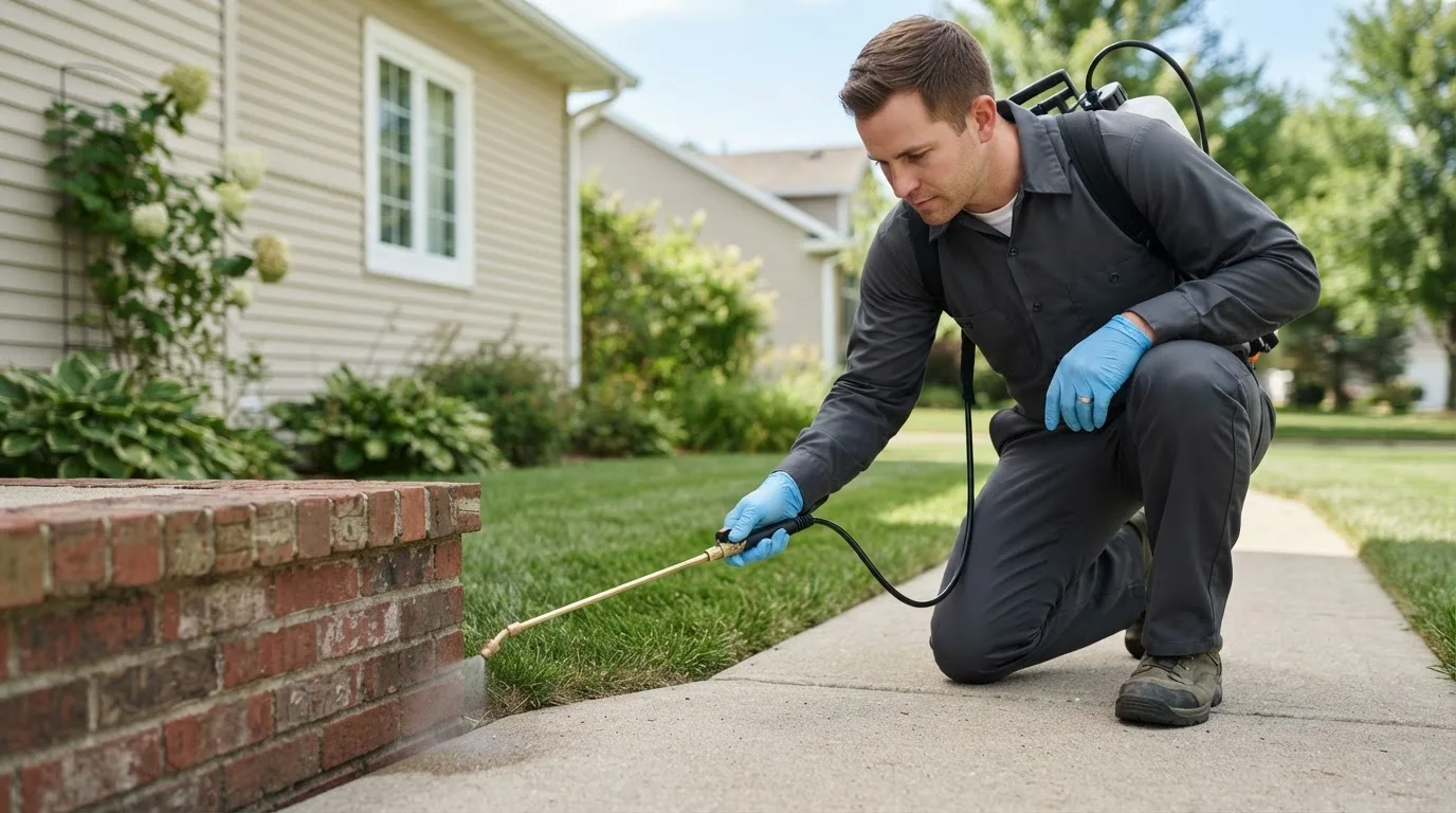 Pest control technician treating a home near Lubbock, TX